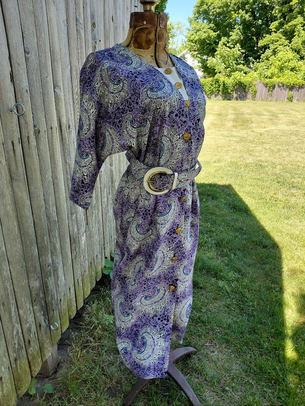 Vintage 80s Positive influence purple & black paisley print dress Womens 5 / 6